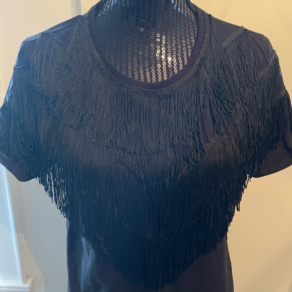 Topshop Black Tassel T-Shirt Size 8 - Picture 2 of 12